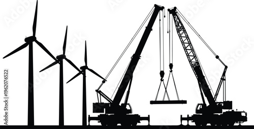 Wind turbines and construction cranes working together, renewable energy infrastructure concept, industrial development and green power vector illustration design