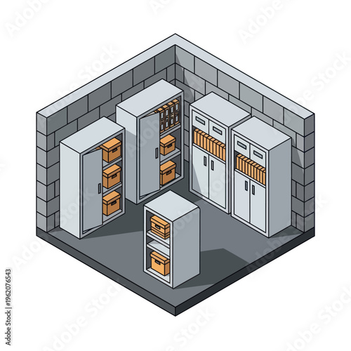 Isometric Illustration of a Storage Room with Cabinets and Boxes.