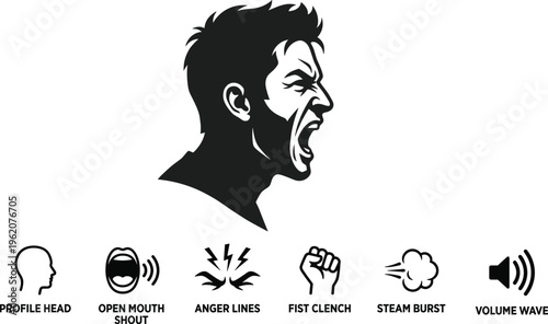 Angry man shouting profile vector illustration with open mouth expression rage emotion stress scream aggression concept and human behavior design