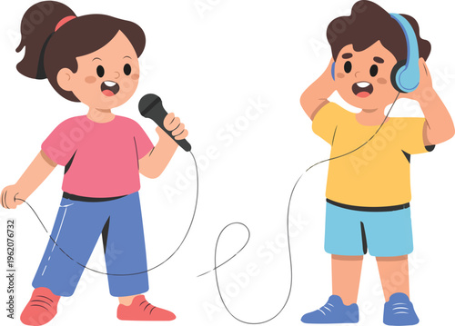 Young Boy And Girl Musical Character Illustration Featuring Children Singing With Microphone And Listening To Audio With Headphones. (19 words)