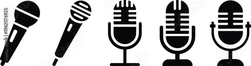 Microphone vector icon set with vintage and modern styles for podcasting broadcasting music recording studio radio and karaoke performance events.
