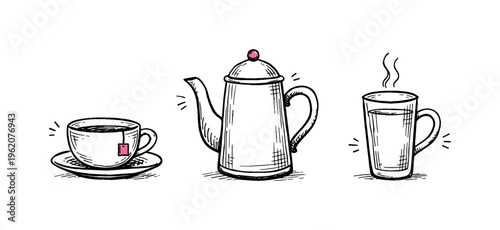 Tea theme  a horizontal row of 3 related hand-drawn hot drink objects on a white background: a round teacup on a shallow saucer with a tiny pink tag hanging