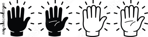 Open palm hand vector icon set showing stop signal high five gesture and glowing light for communication safety and help.