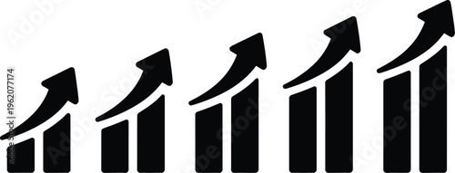 bar chart icons with rising arrows showing financial growth and business success isolated on white background.