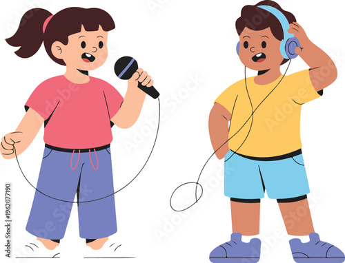 Young Boy And Girl Musical Character Illustration Featuring Children Singing With Microphone And Listening To Audio With Headphones. (19 words)
