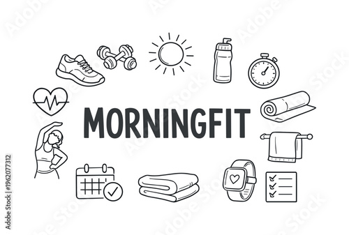 Healthy morning fitness and active start routine concept focused on energizing the body, improving mood, and building consistency through daily exercise habits. MORNINGFIT title