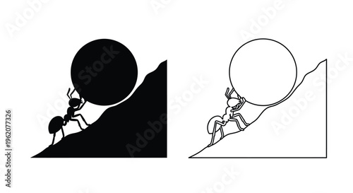 An ant struggles to push a large sphere uphill in a contrasting depiction