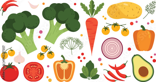 Organic vegetable vector collection. Flat illustrations of broccoli, red onion, avocado, bell pepper, carrot, and chili peppers for healthy food and kitchen design.