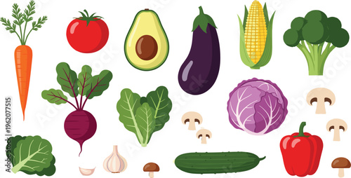 Organic vegetable vector icon set. Realistic illustrations of carrot, avocado, purple cabbage, broccoli, corn, eggplant, and bell pepper for healthy food design.