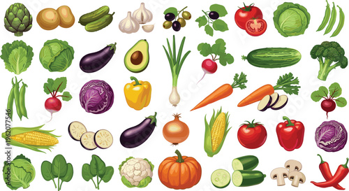 Organic vegetable vector collection. Realistic icons including pumpkin, cauliflower, artichoke, olives, tomatoes, and sliced vegetables for healthy food and harvest design.