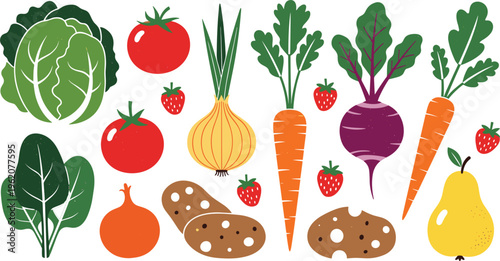 Organic vegetable and fruit vector collection. Flat textured icons of carrots, cabbage, beetroot, tomatoes, potatoes, and strawberries for rustic food and garden design.