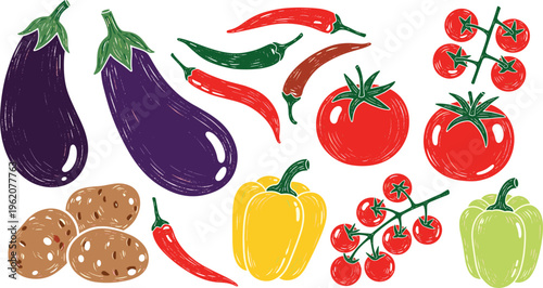 Organic vegetable vector collection. Textured hand drawn illustrations of eggplant, bell peppers, chili peppers, tomatoes on vine, and potatoes for culinary food design.