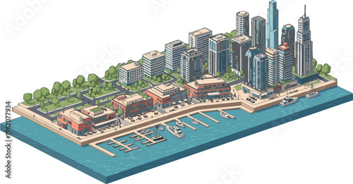 Isometric waterfront city cityscape with modern buildings and a bustling marina