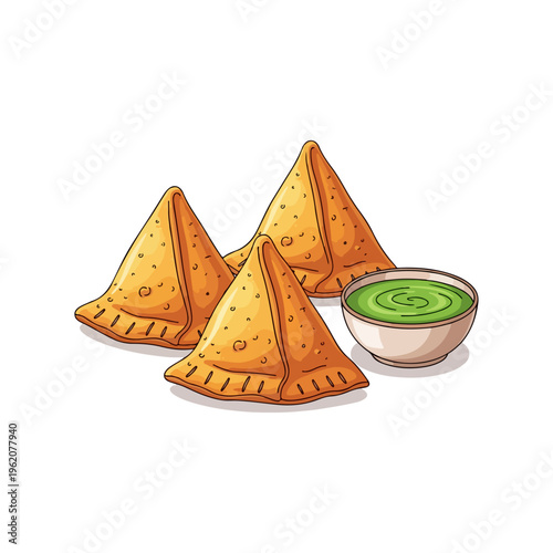 Golden Crispy Indian Samosa Snacks with Green Chutney Vector