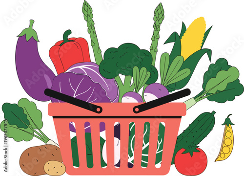 Organic vegetable shopping basket vector. Flat illustration of a red basket filled with eggplant, broccoli, asparagus, corn, and tomatoes for healthy food design.