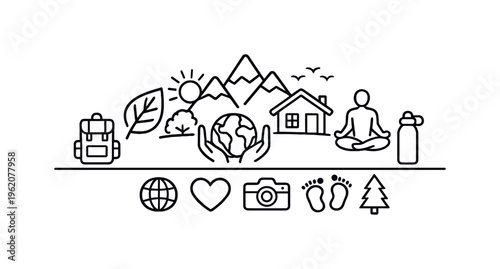 Sustainable tourism and responsible travel emphasizing environmental awareness, local engagement, and balanced recreation for long-term global impact, leaf, backpack, mountain