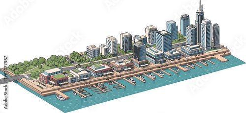 Detailed Urban Landscape Isometric View with Green Park, Riverfront Buildings, and Docked Yachts