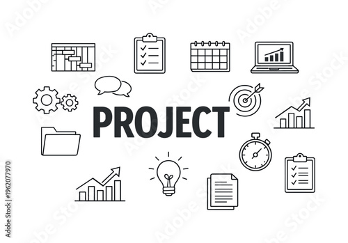 Business project management workflow centered on organizing tasks, coordinating timelines and monitoring progress to deliver successful results in structured professional