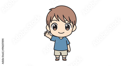 Smiling cartoon boy waving hand.