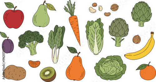 Organic fruit and vegetable vector collection. Hand-drawn icons of artichoke, broccoli, kiwi, pear, apple, and leafy greens for healthy food and kitchen design.