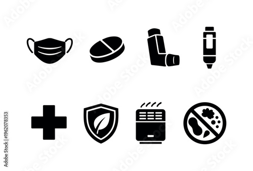 Allergy prevention and treatment: face mask, antihistamine pill, inhaler, epinephrine injector, medical cross, shield with leaf, air purifier, no allergen sign