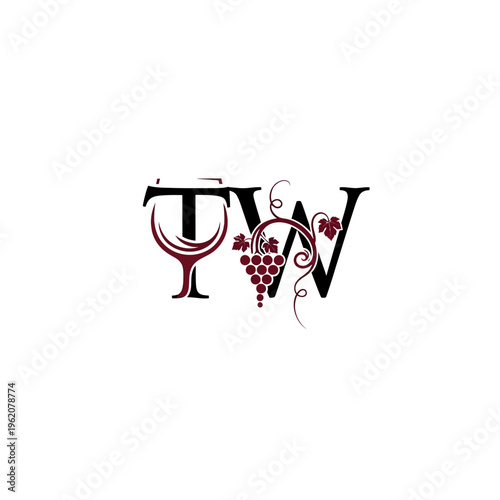 Elegant TW Monogram with Wine Glass and Grapes Logo Design
