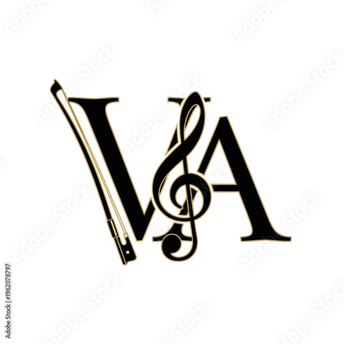 Elegant VA Monogram with Violin Bow and Treble Clef - Music and Arts Logo Concept