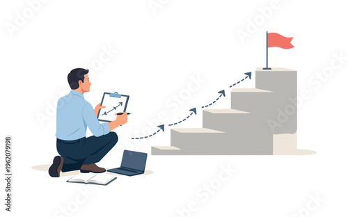 A professional career planning and long-term vision scene showing an ambitious employee mapping future steps beside a simple staircase path and a minimal flag goal element