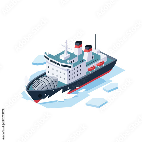 Icebreaker ship navigating through icy waters in a vector illustration.