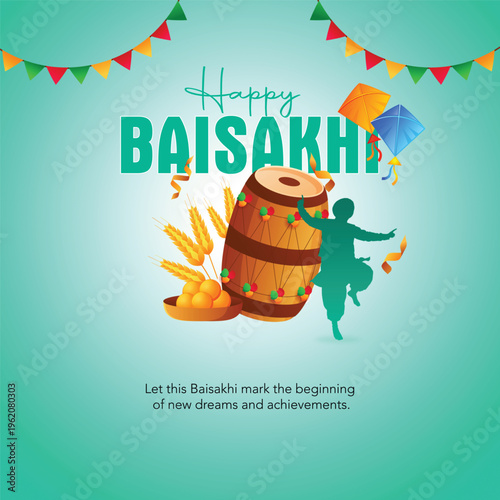 Happy Baisakhi Festival Celebration Background with Punjabi Culture, Harvest Festival India, Golden Wheat Fields, Traditional Dance, Festive Greeting Design 4K