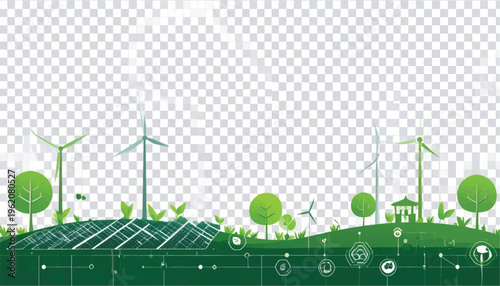 Green Energy Smart Grid Landscape Illustration. Renewable Power Technology, Solar Panels, and Wind Turbines on Sustainable Digital Hills (Transparent Background).