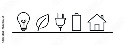 Energy saving habits and sustainable daily actions for reducing consumption and supporting environmentally friendly lifestyle, light bulb, leaf, power plug, battery, and house