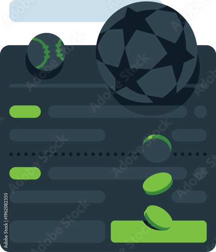Online gaming payment UI illustration. Flowing coins, fintech and gambling interface. Football, baseball icons user interface, digital dashboard, transaction. App finance, sports gaming, betting