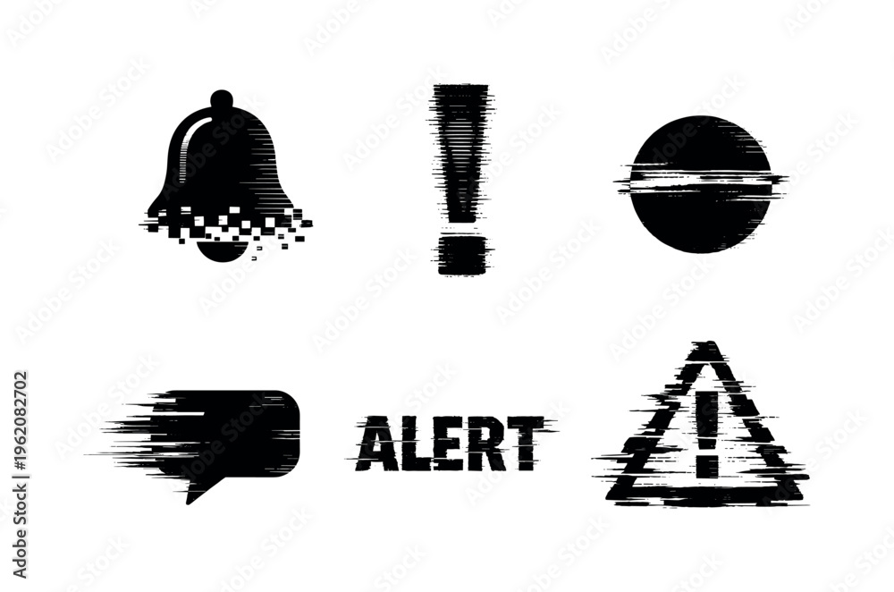 Fototapeta premium Theme: system alerts and notification signals a set of 5 glitch-distorted monochrome objects arranged on a perfectly clean white background, each object