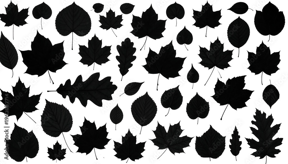 Fototapeta premium Black leaf silhouettes of varying shapes and sizes are arranged, creating a natural and textured aesthetic