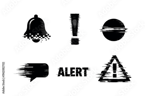Theme: system alerts and notification signals  a set of 5 glitch-distorted monochrome objects arranged on a perfectly clean white background, each object