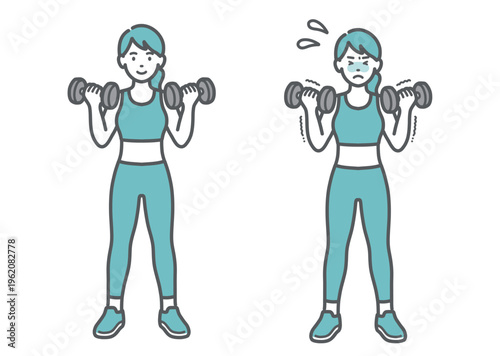 ダンベルでトレーニングする女性の表情セット（笑顔・辛い）