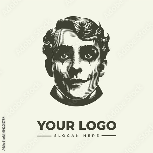 Black and white vintage engraving of a man's head with a placeholder logo and slogan on a clean background.