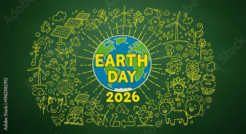 Illustration of Earth Day 2026 with globe, solar panel, wind turbine, recycle symbol on chalkboard. Represents environmental awareness and sustainability