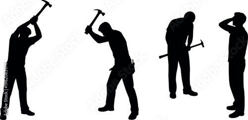 Construction worker silhouette set of man using hammer in different poses isolated black vector illustration for industry, repair and labor concept
