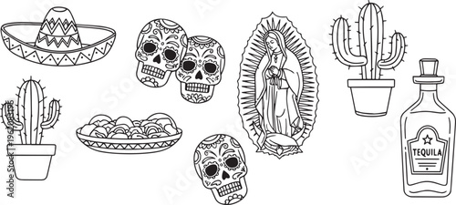 Mexican culture line art vector set with sugar skulls, cactus, and sombrero icons.