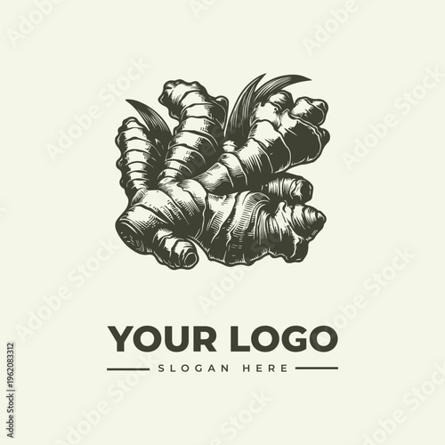 A vintage-style woodcut illustration of a ginger root with leaves and a placeholder logo on a cream background, featuring a classic engraving technique.
