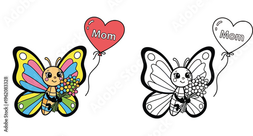 Cute Mother's Day coloring page with butterfly holding flowers and heart balloon color and outline