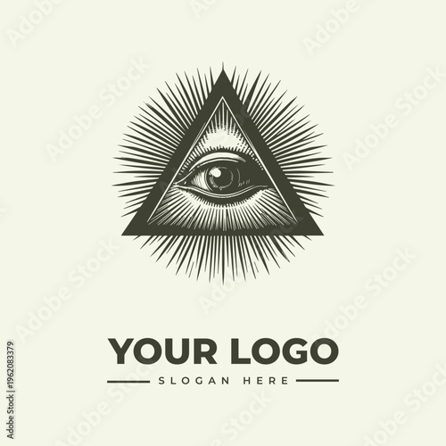A vintage engraving style illustration of an eye within a triangle, surrounded by sunburst lines, with a placeholder for a logo and slogan in a woodcut-inspired design against a clean