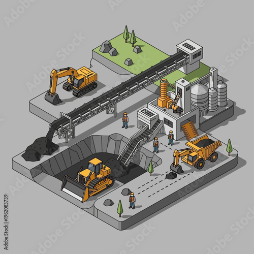 Isometric illustration depicting the coal mining process, from extraction to processing and transport.