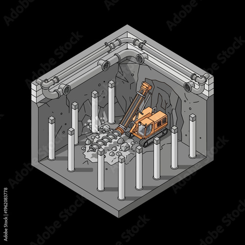 Isometric view of a construction site with a drilling machine and support pillars.