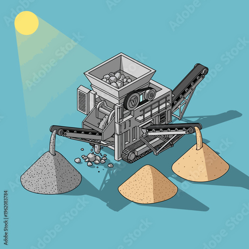 Isometric illustration of a rock crusher processing stones into different grades of aggregate.
