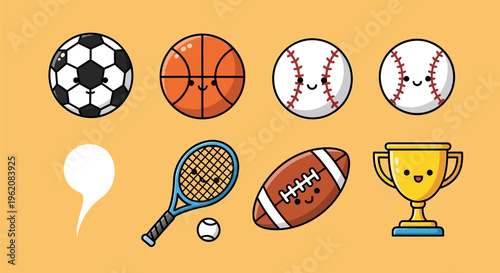 Collection of cute cartoon sports equipment and a trophy.