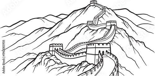 Line art vector illustration of the Great Wall of China landmark on mountain peaks