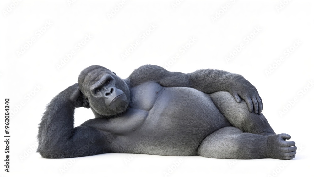 Naklejka premium 3D Render Of A Relaxed Silverback Gorilla Lying On White Background Concept Of Rest Wildlife And Primate Behavior Isolated Digital Illustration For Design,detail,detail,detail
